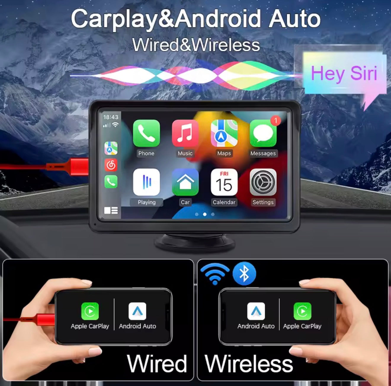 Hippcron 7 inch Apple CarPlay Android Auto Screen (Suction Mount)
