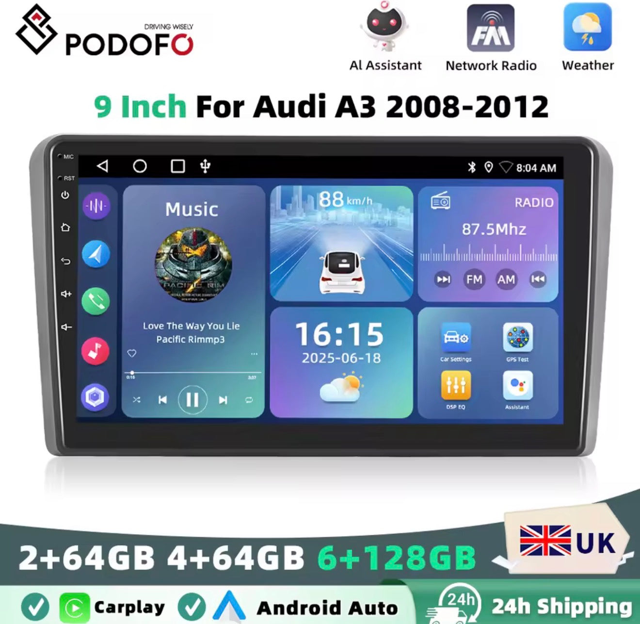 9” Android Wireless CarPlay & Android Auto Car Radio for Audi A3 8P S3 RS3 (2003–2012)