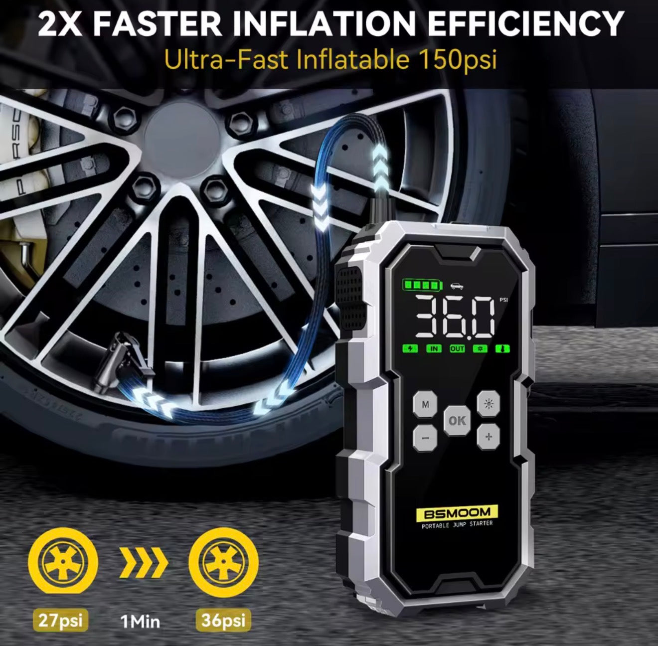 7000A Car Emergency Start Power Supply with Air Compressor, Battery Supercharger and Wireless Tire Inflator 12V Auto Jumper box