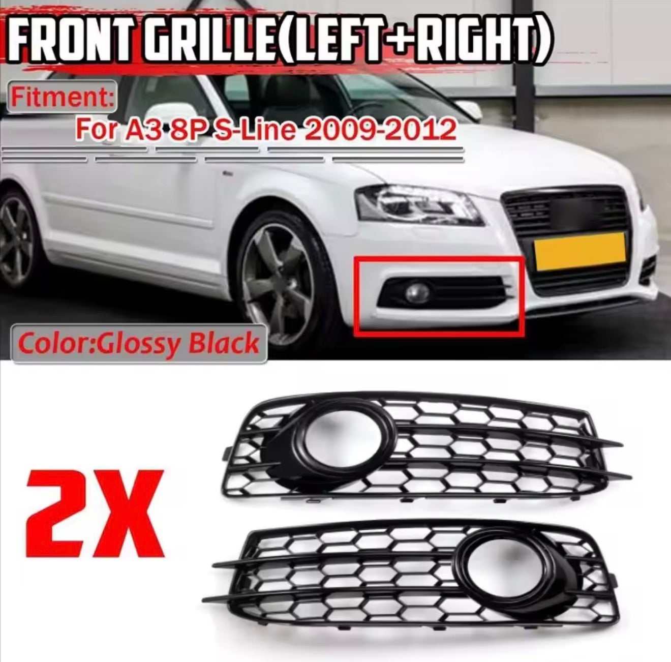 for Audi A3 8P S-Line Front Bumper Fog Light Grille (1 Pair) – Honeycomb Mesh Racing Style Covers