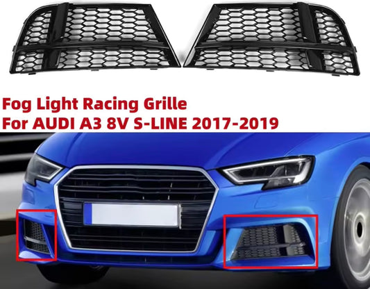 for Audi A3 S3 8V S Line - Gloss Black Honeycomb Sport Front Bumper Fog Lamp Grills (2 Piece, Pair)