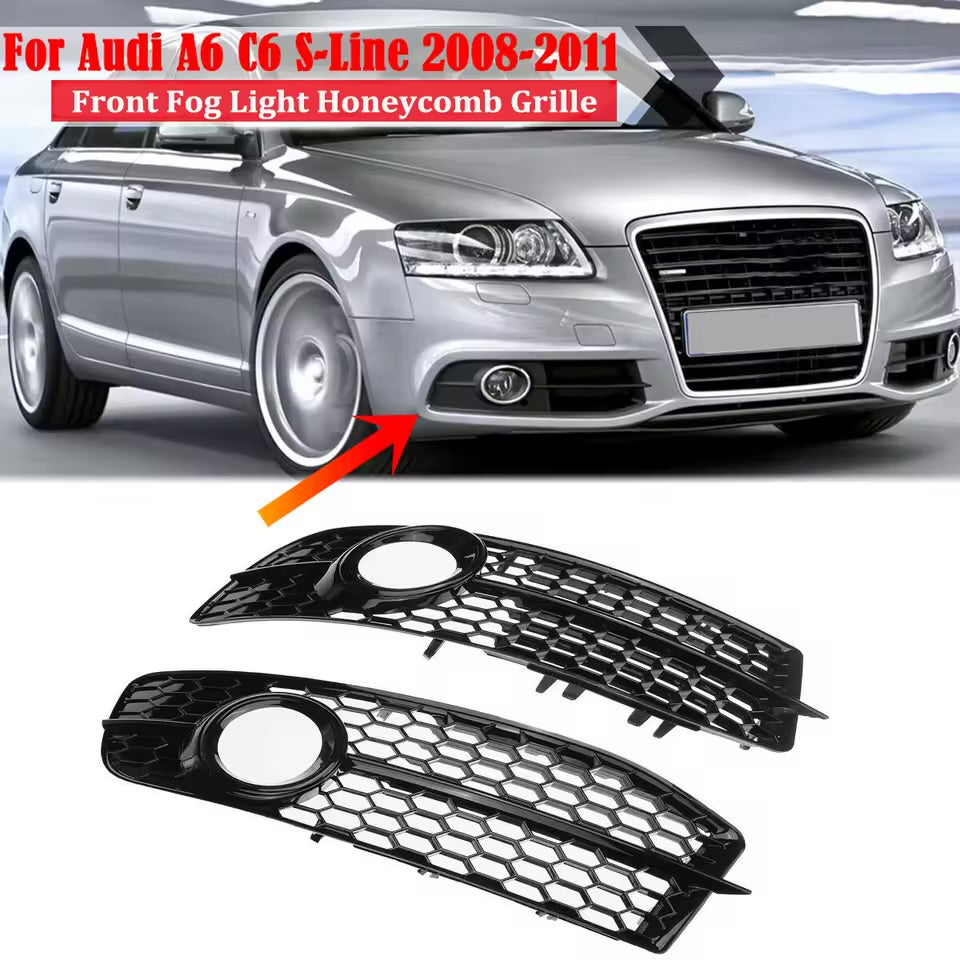 for Audi A6 C6 S-Line 2008-2011 Fog Light Grille Cover Pair 2pcs Honeycomb Gloss Black