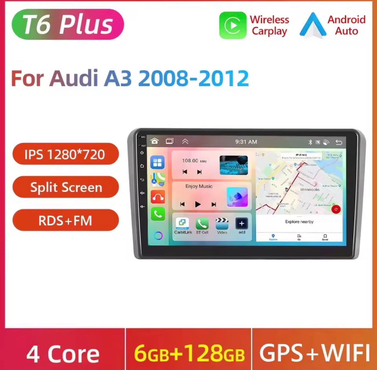 9” Android Wireless CarPlay & Android Auto Car Radio for Audi A3 8P S3 RS3 (2003–2012)