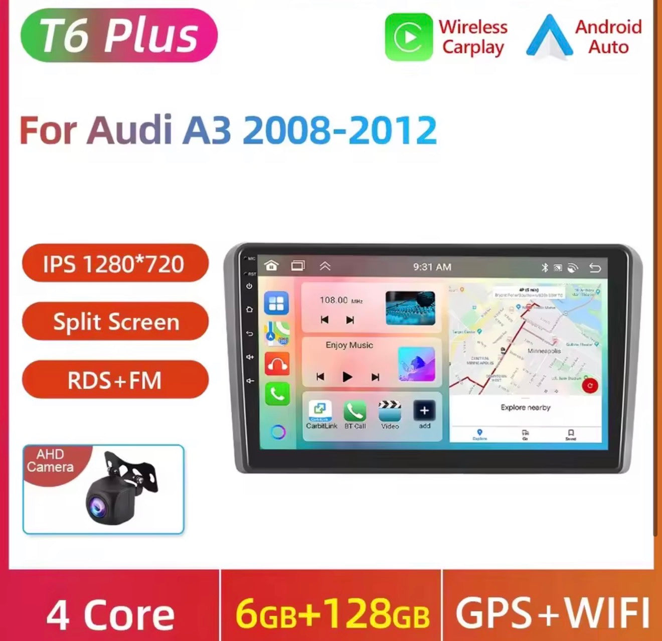 9” Android Wireless CarPlay & Android Auto Car Radio for Audi A3 8P S3 RS3 (2003–2012)