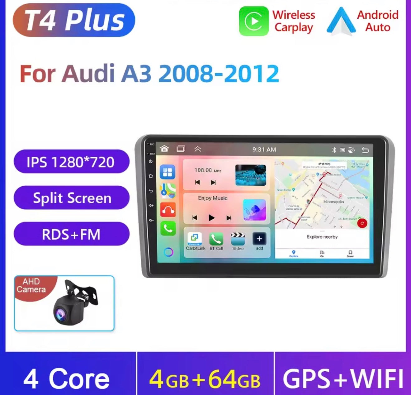9” Android Wireless CarPlay & Android Auto Car Radio for Audi A3 8P S3 RS3 (2003–2012)