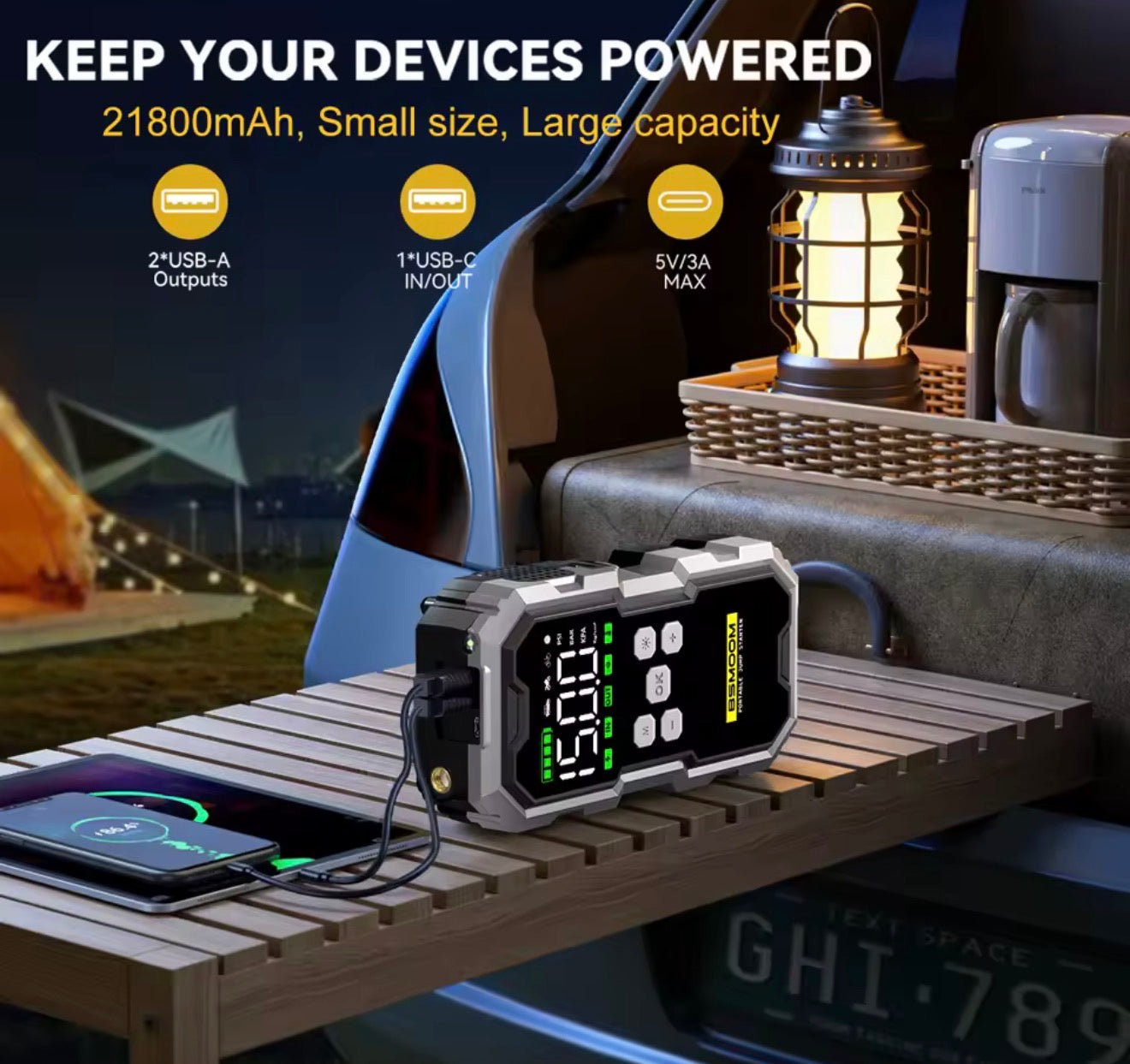 7000A Car Emergency Start Power Supply with Air Compressor, Battery Supercharger and Wireless Tire Inflator 12V Auto Jumper box